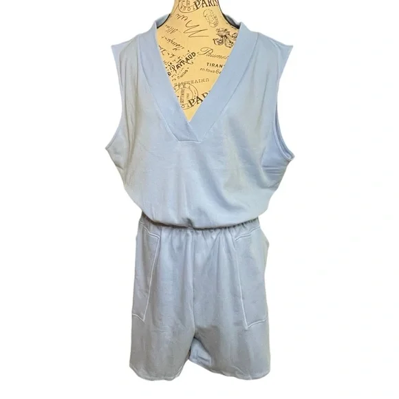 NEW COTTON SLEEVELESS ROMPER WITH POCKETS SPRING BLUE PLUS SIZE 3X - Picture 3 of 7